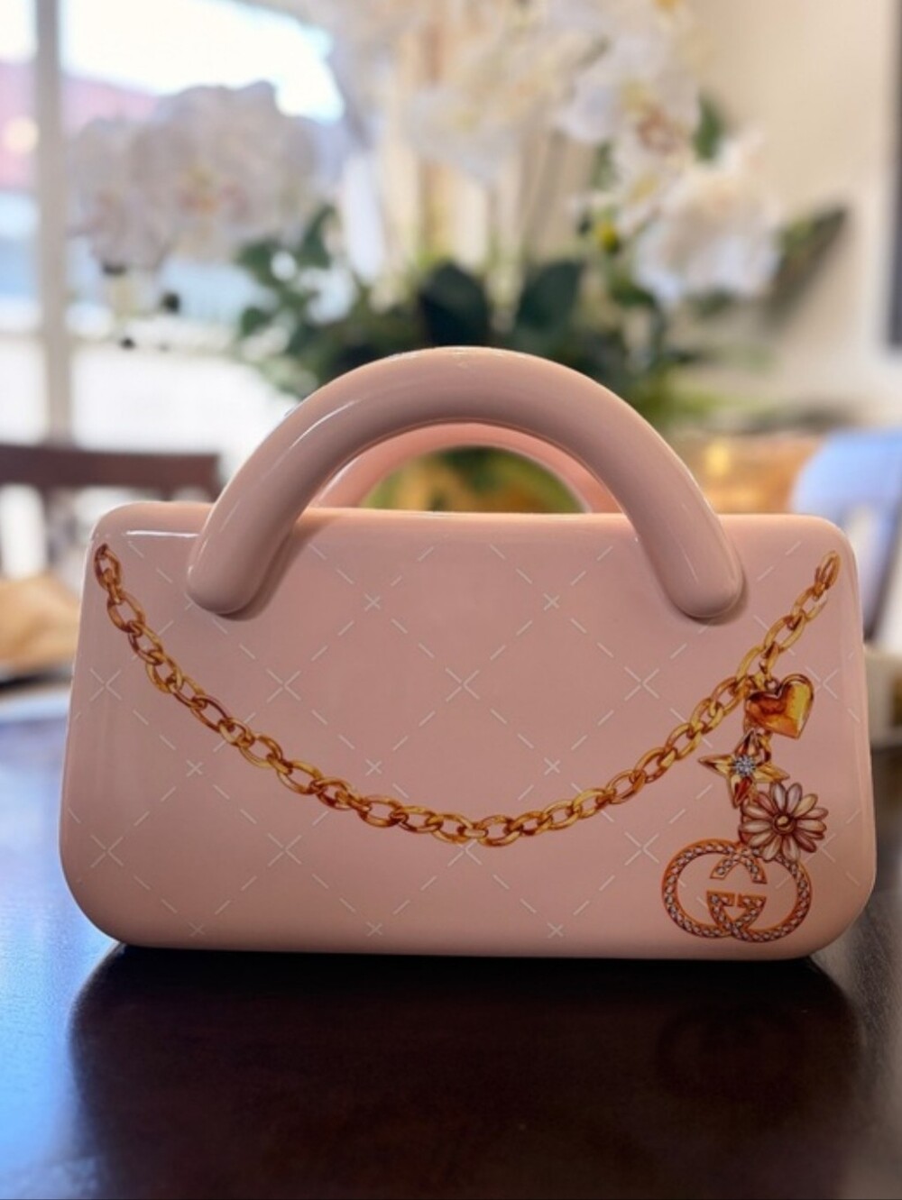 Fashion Inspired Pastel Pink Ceramic Handbag-Style Vase with Gold Chain Motif